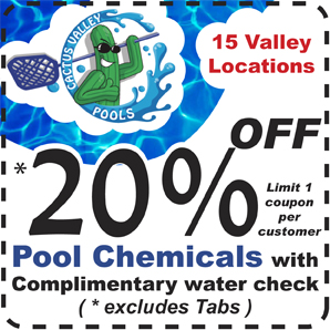 Get a complimentary water check and receive 20 per cent off pool chemicals. (excludes tabs)